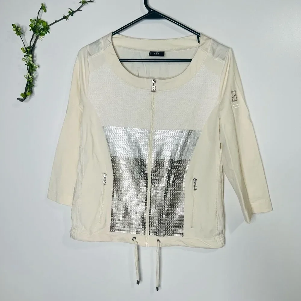 Bogner Cream Silk Blend Silver Sequins Lightweight Jacket